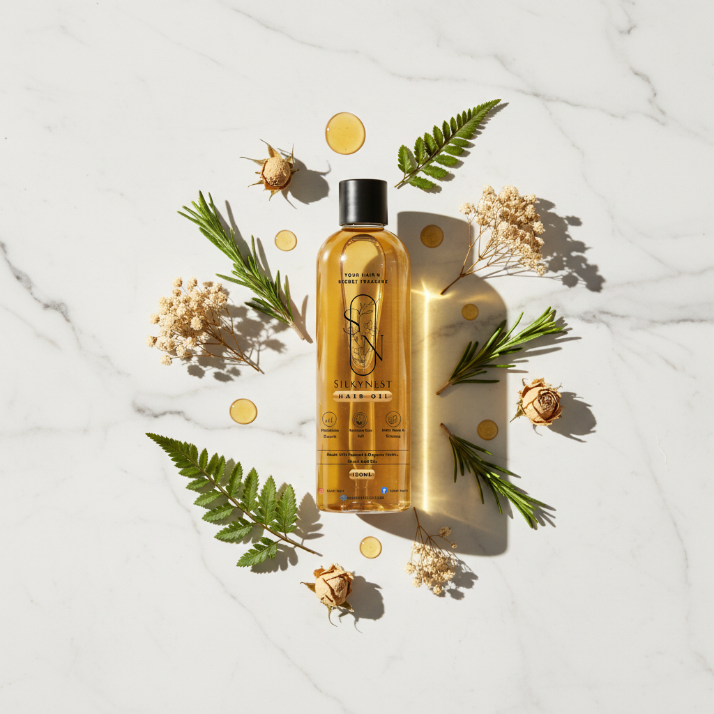 Silky Nest Hair Oil – Marble Flat Lay